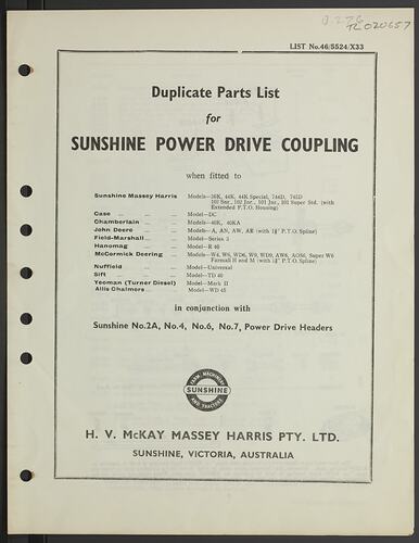 Parts List - H.V. McKay Massey Harris, 'Sunshine Power Drive Coupling', circa 1945