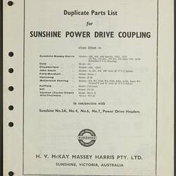 Parts List - H.V. McKay Massey Harris, 'Sunshine Power Drive Coupling', circa 1945