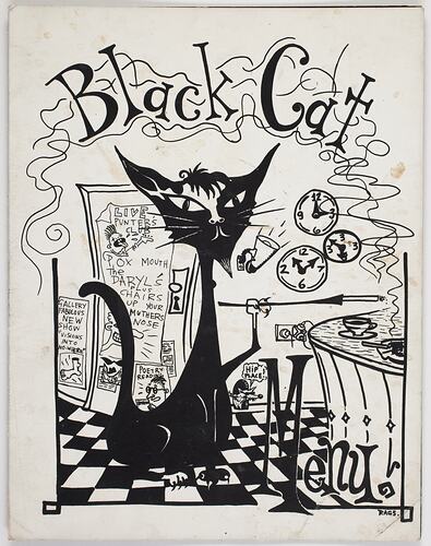 Illustration of a black cat at a bar.