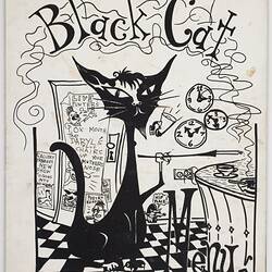 Illustration of a black cat at a bar.
