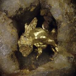 Lump of gold in a quartz hollow.
