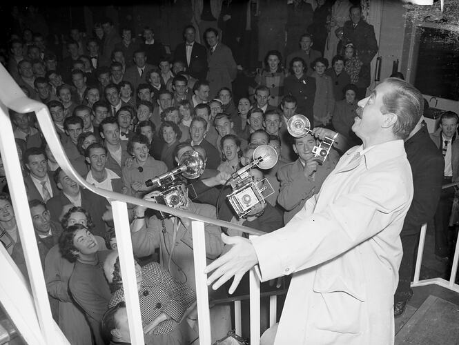 Performer on Staircase at  Essendon Airport, Victoria, Jul 1954