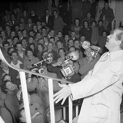 Negative - Performer on Staircase at  Essendon Airport, Victoria, 25 Jul 1954