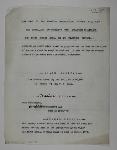 Draft Memorandum of Agreement - Formation of Australian Co-operative Farm Implement Co., 1 Jan 1903