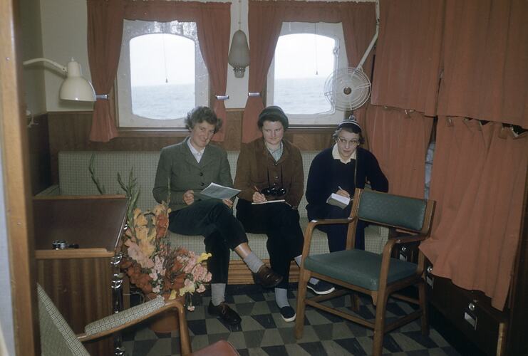 Mary Gillham, Susan Ingham & Hope Macpherson in Cabin, Thala Dan, Dec 1959