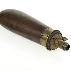 Wooden handle with brass end. James Dixon bag flask from revolver case.