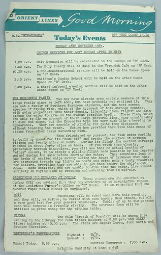 Information Sheet - P&O SS Stratheden, 'Today's Events', Off West Coast India, 26 Nov 1961