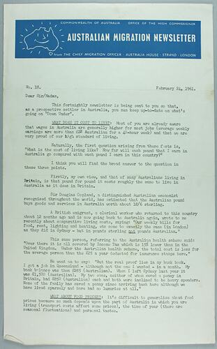 Newsletter - 'Australian Migration Newsletter', 24 Feb 1961