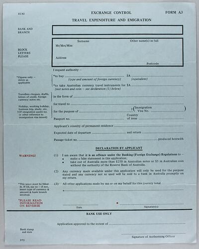 Application Form - Australian Exchange Control, Travel Expenditure & Emigration, circa 1975