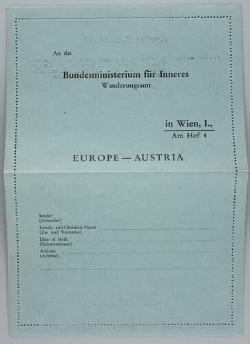 Form - 'Erster Kartenbrief',  Federal Ministry for Interior, Austria, circa 1959