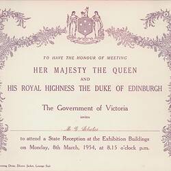 Invitation - State Reception, Queen Elizabeth II & The Duke of Edinburgh, Melbourne, 8 Mar 1954