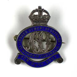 Grey metal badge with blue enamel detail surrounding cut-away metal letters, crown on top.