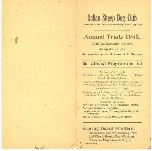 Program - Ballan Sheep Dog Club, 'Annual Trials', 1948