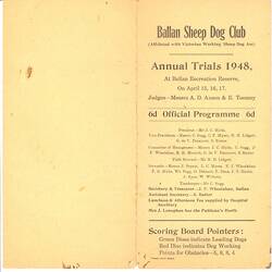 Program - Ballan Sheep Dog Club, 'Annual Trials', 1948