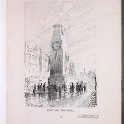 Illustration of tall stone monument with crowd of men standing at base.
