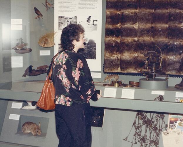 Woman looking at museum exhibition.