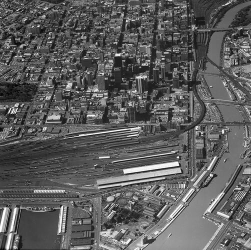 Monochrome aerial photograph of Melbourne.