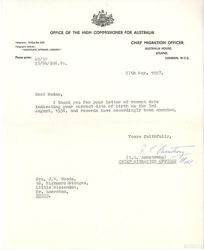 Letter - British Assisted Passage Scheme, John & Barbara Woods, Australia House London, 27 May 1957