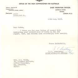 Letter - British Assisted Passage Scheme, John & Barbara Woods, Australia House London, 27 May 1957
