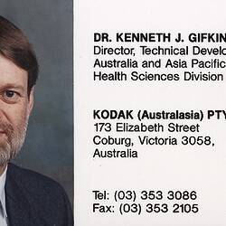 Business Card - Dr Kenneth J. Gifkins, Director, Technical Development, Kodak Australasia Pty Ltd, Coburg, circa 1990