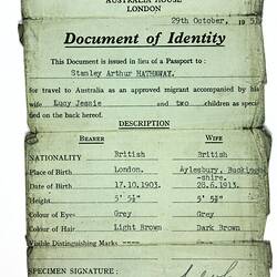 Document of Identity - Stanley Hathaway, Dept of Immigration, Commonwealth of Australia, 29 Oct 1951