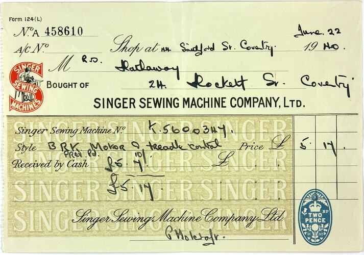 Certificate of Ownership - Singer Sewing Machine Company, Lucy Hathaway, 22 Jun 1940