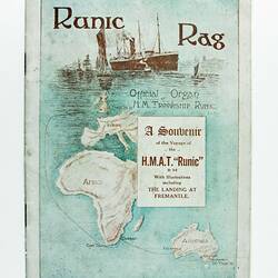 Booklet cover with ship and voyage map.