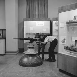 Copy Negative - Boys Visiting the Institute of Applied Science (Science Museum), Melbourne, Examining Nordenfelt Gun, 1968