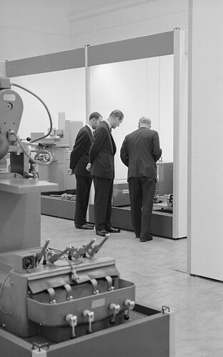 Prince Phillip judging entries to the Industrial Design Council's competition, Institute of Applied Science (Science Museum), Melbourne, 1968