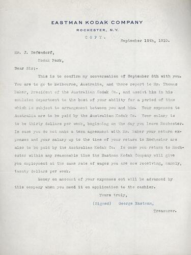 Letter - George Eastman to J Defendorf, 15 Sep 1910