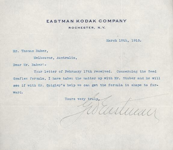 Letter - George Eastman to Thomas Baker, 18 Mar 1915