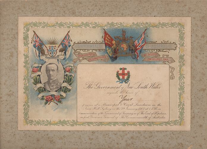 Invitation -  Commonwealth of Australia Inaugural Celebrations, from Government of New South Wales, Naval & Military Banquet, Town Hall Sydney 5 Jan 1901, & Municipal & Civil Luncheon, 7 Jan 1901