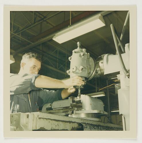 Slide 279, 'Extra Prints of Coburg Lecture', Engineer Adjusting Plant Equipment, Kodak Factory, Building 20, Coburg, circa 1960s