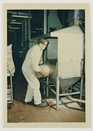 Slide 292, 'Extra Prints of Coburg Lecture', Emptying Powdered Chemicals Into Hopper, Building 20, Kodak Factory, Coburg, circa 1960s