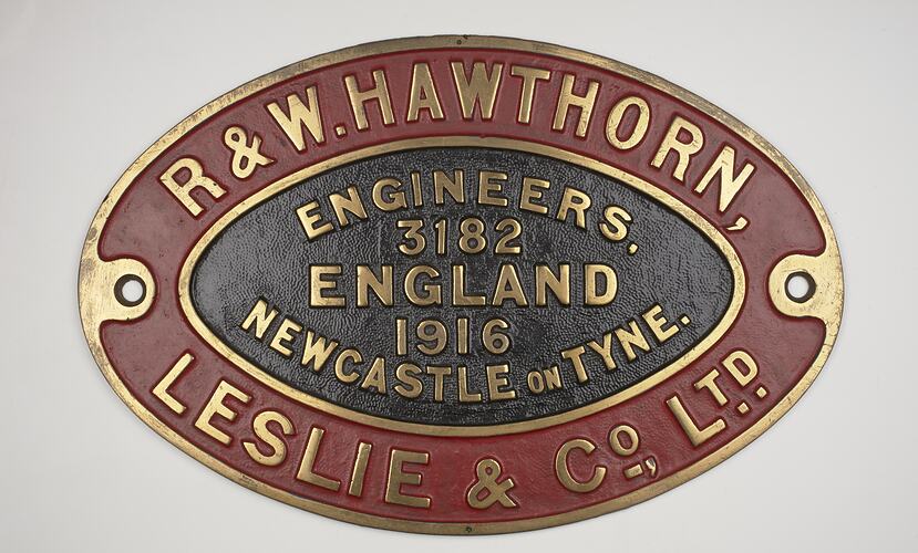 Locomotive Builders Plate - R. & W. Hawthorn Leslie & Co., Newcastle on Tyne, England, 1916