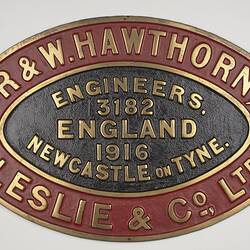 Locomotive Builders Plate - R. & W. Hawthorn Leslie & Co., Newcastle-upon-Tyne, England, 1916