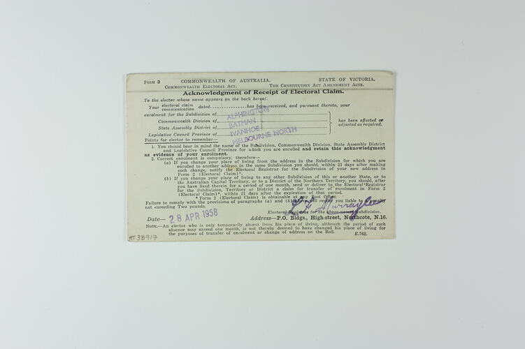 Receipt - Electoral Enrolment, Barbara Woods, Fairfield, 28 Apr 1958