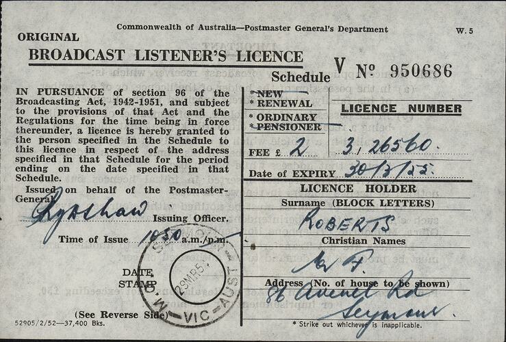 Broadcast Listener's Licence - Commonwealth of Australia, Postmaster General's Department, 29 Mar 1954