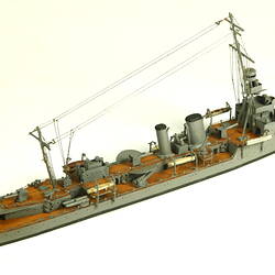 Naval ship with mast, three quarter view.