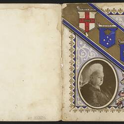 Open booklet, off-white pages. Blank left page and decorative right page with woman's portrait, diagonal strip