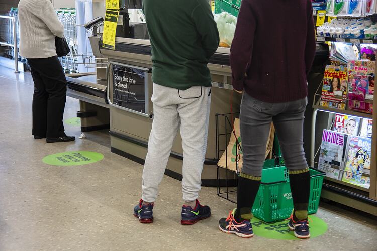 Customers Using Social Distancing Floor Markers at Checkout, Woolworths, Blackburn South, 18 May 2020
