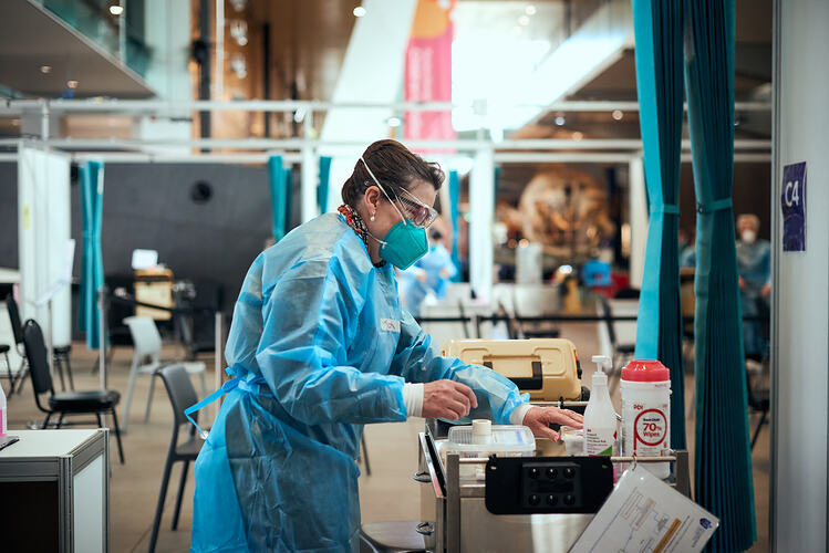 Staff Member Prepares Trolly, St Vincent's Vaccination Hub, Melbourne Museum, 23 Sep 2021
