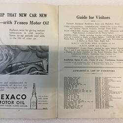 Open catalogue with printed image on left of car and car oil advertisement. Text on right.
