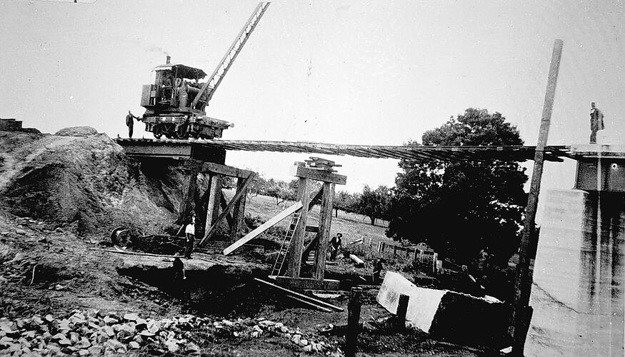 Bridge rebuild after flood damage, Darnum district, circa 1934.