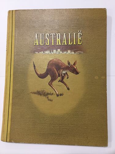 Hard cover book that features an illustration of a kangaroo and text above.