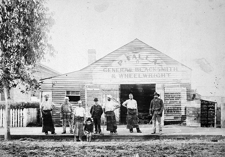 Workshop of P. Falla, General Blacksmith & Wheelwright, Donald, Victoria, circa 1895