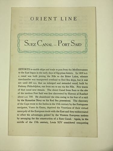 HT 54800, Booklet - Orient Line, Suez Canal-Port Said, 1967 (MIGRATION), Document, Registered