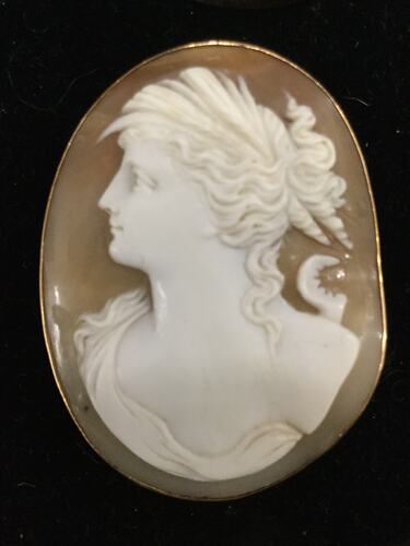 Oval cameo brooch, white female bust facing left, brown background.
