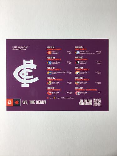 Maroon fixture card with white and red printed text.