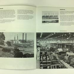 Open booklet. Black and white images of a coal powered power station.